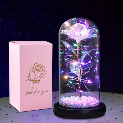 Artificial Colorful Flower Rose Gift Led Light On Galaxy Rose in Glass Dome